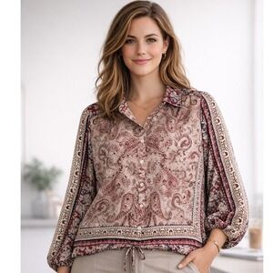 Boho Chic Womens Top Plus 14 Paisley Button Down Drawstring Waist Office Casual